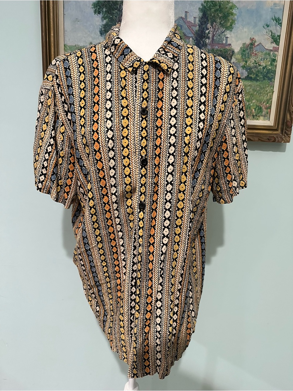 PacSun Men's Short-Sleeve Button-Down Shirt in Black, Yellow & Orange